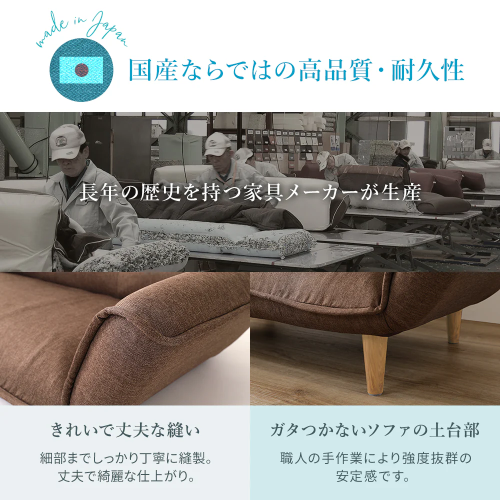 日本製 リクライニングソファ『Coroli コロリ』 2人掛け単品 タスク生地 ネイビー - Image 4