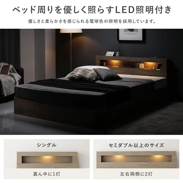 ホテルスタイルベッド LED照明・引き出し収納付き『Rizon ライゾン』グレージュ - Image 3