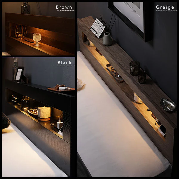 ホテルスタイル ローベッド LED照明＆棚付き『CONCASA コンカーサ』グレージュ - Image 17
